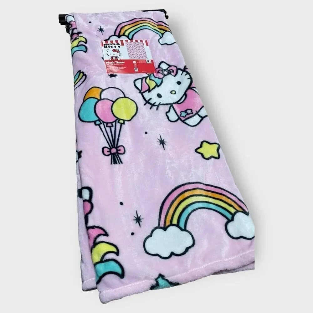 Hello Kitty Pink Unicorn Plush Throw Blanket 50”x70” Cloud Balloons Rainbows (a)